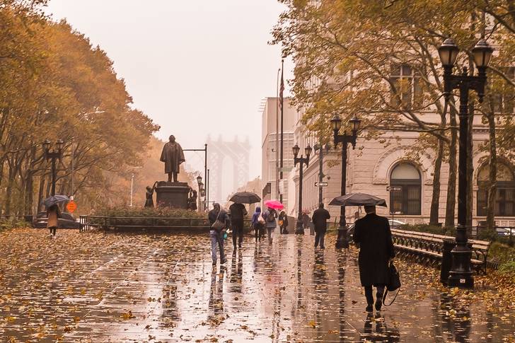 people walking in the rain in Brooklyn Heights